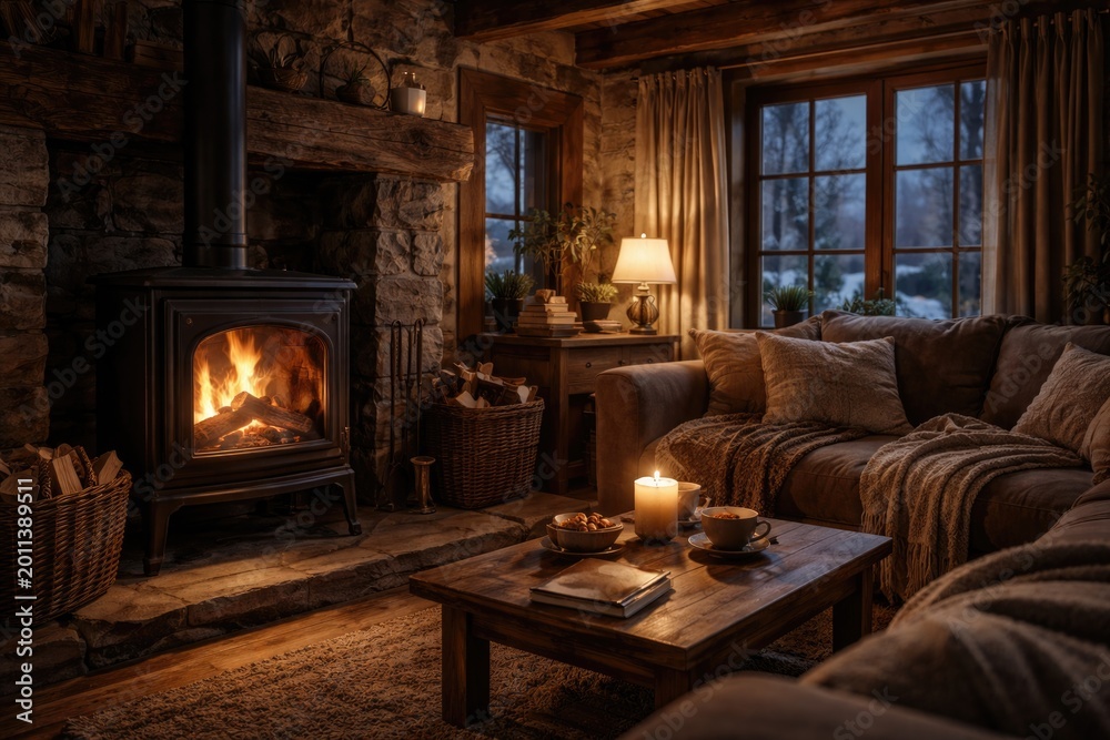 Obraz premium Home interior with a flickering wood fire stove