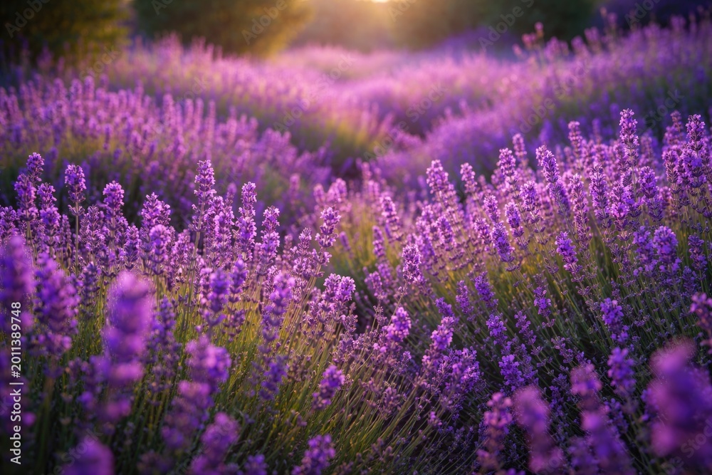 Fototapeta premium Purple lavender flowers flourishing in a dense meadow nature backdrop