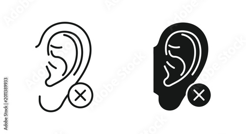Hearing impaired icon set featuring ear with cross symbol in outline and solid styles for accessibility and medical graphics