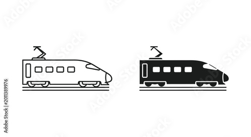 High speed train icon set in outline and solid styles for public transport and railway travel graphic design projects