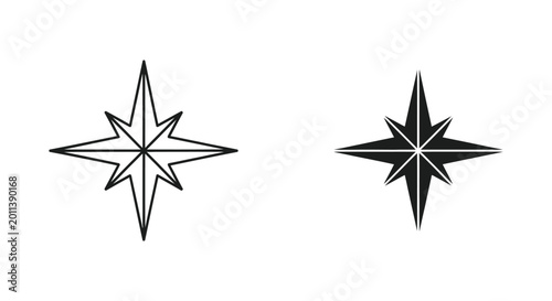 North star navigational symbol set featuring minimalist outline and solid black icon designs for celestial navigation and graphic design projects