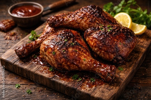 Tender barbecue chicken leg quarters with sauce served on aged wooden board