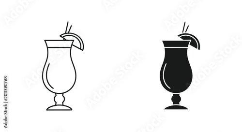 Tableau sur toile Tropical cocktail glass icon set in minimal linear and solid black fill styles f