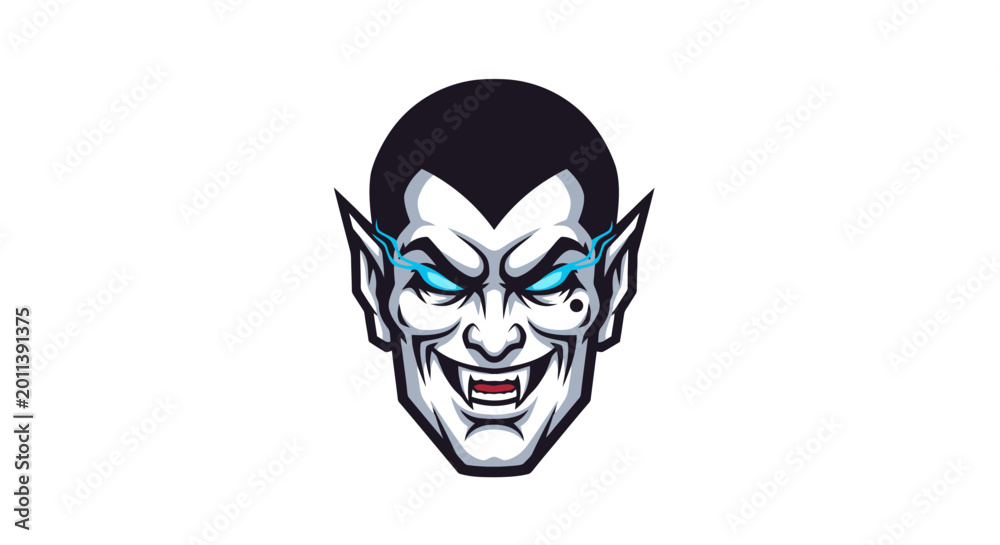 Fototapeta premium A close-up illustration of a menacing vampire's face with sharp fangs and glowing blue eyes.