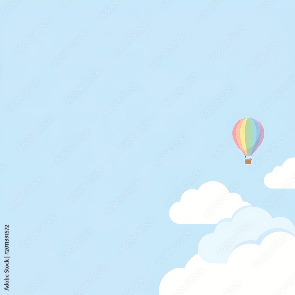 Fototapeta premium Minimalist Vector Illustration of a Colorful Hot Air Balloon Floating in a Clear Blue Sky with White Clouds