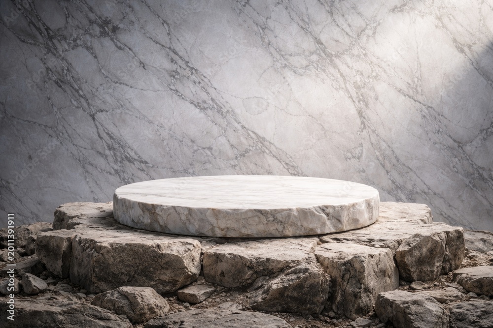 Fototapeta premium White stone product platform on damaged rock stage with marble backdrop