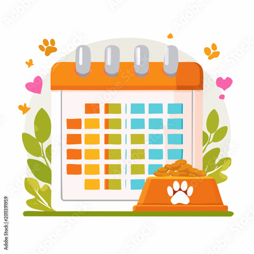 Pet Care Schedule and Feeding Plan Illustrated Calendar with Food Bowl