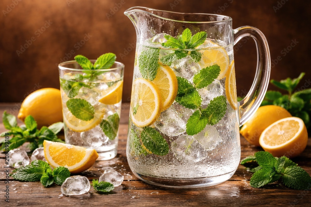 Fototapeta premium Chilled lemon mint water in a clear vessel highlighting fresh flavors on a brown backdrop