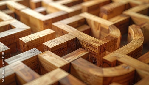 Strategic Wooden Maze Blocks Depicting Navigation, Solution Finding, and Business Success Concept
