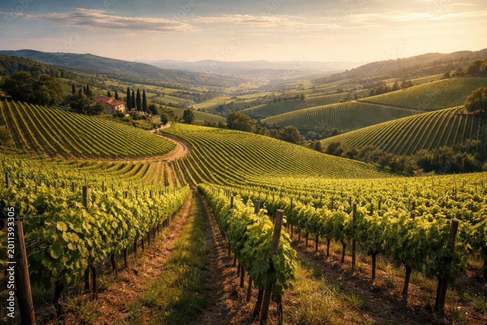 Naklejka premium Wide angle image showing large grapevine plantations on rolling hills