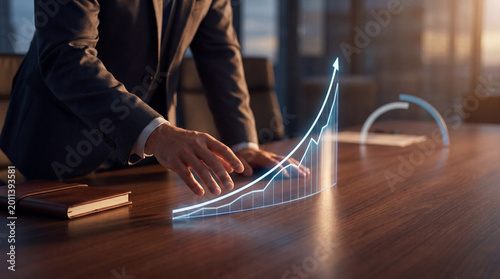 Foto Confident businessman overseeing a large, glowing 3D bar graph indicating significant financial market growth