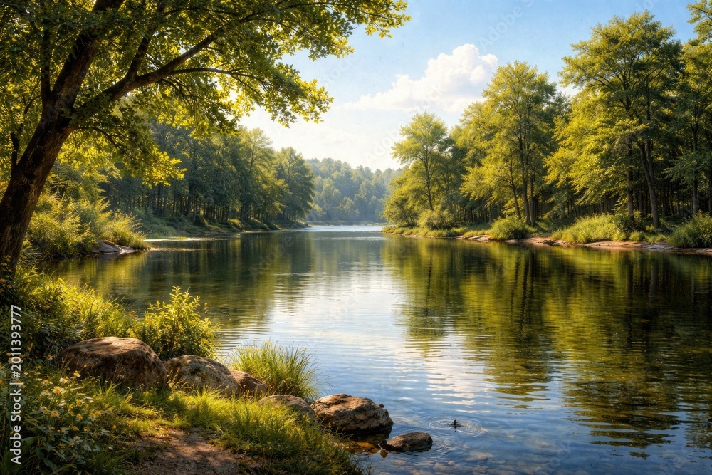 Fototapeta premium Artistic representation of a summer lake landscape with detailed tree foliage