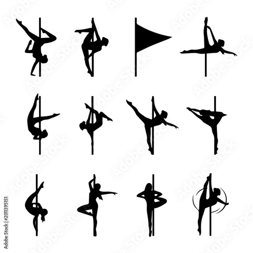 Bilde på lerret Various silhouettes of people performing acrobatic pole dancing moves with a fla