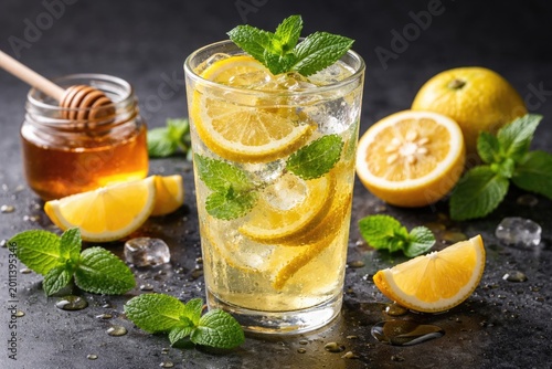 Iced yuzu lemon soda mixed with honey and fresh mint on a charcoal gray background