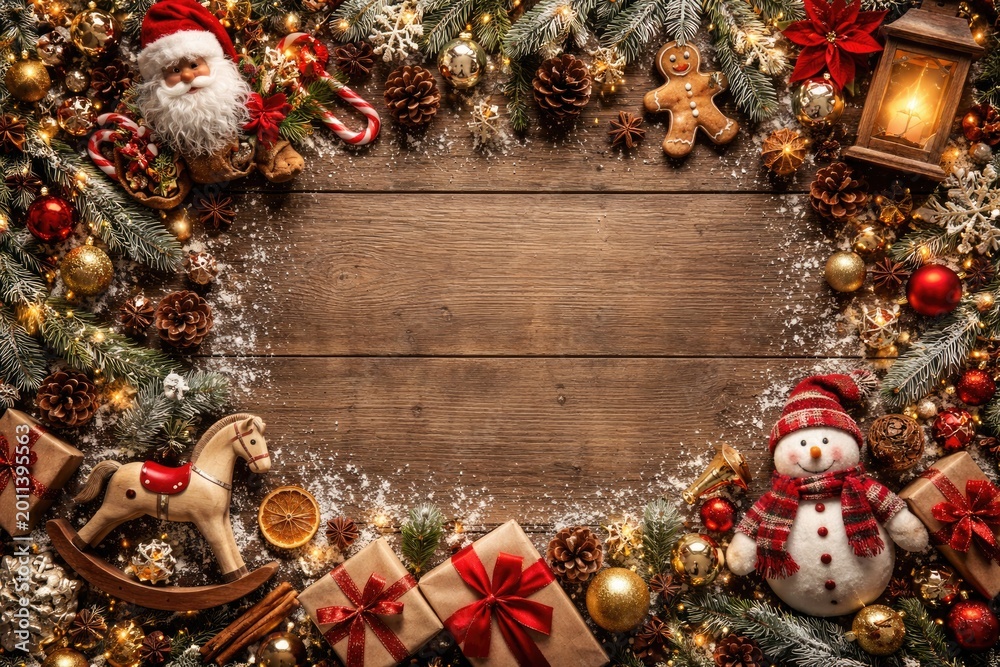 Fototapeta premium Winter holiday flat lay featuring festive toys and decorations arranged for copy space in banners
