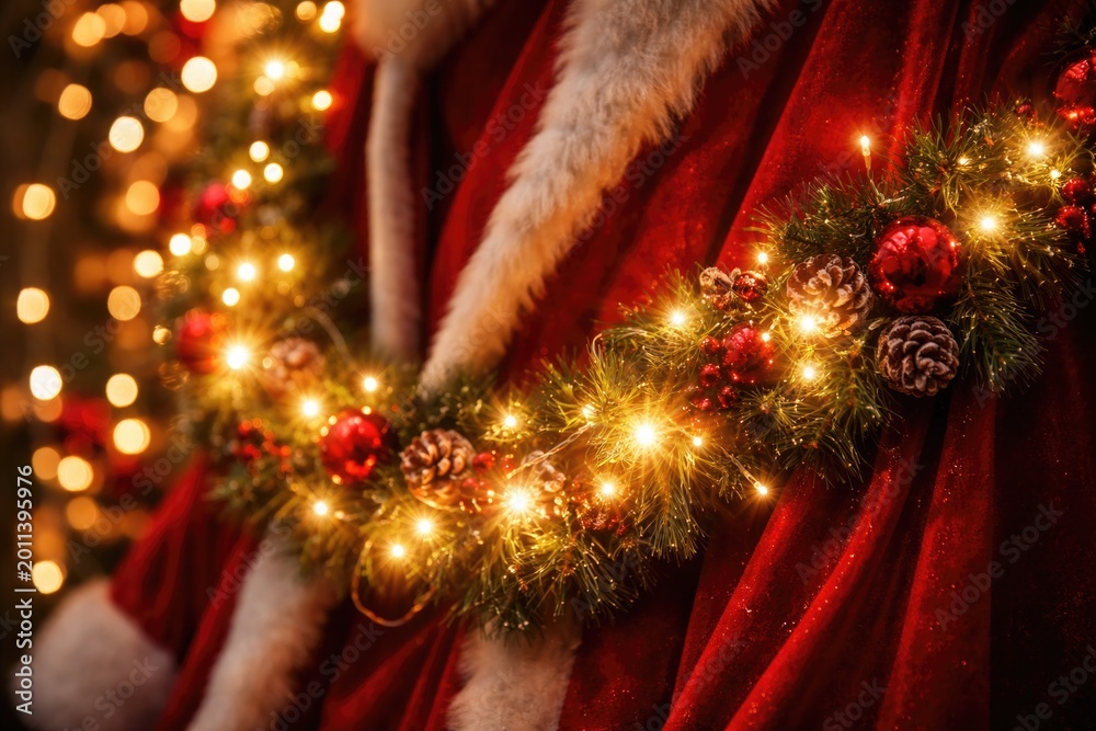 Fototapeta premium Joyful Christmas scene showcasing sparkling garland lights on a rich red holiday garment