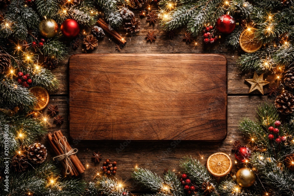 Fototapeta premium Wooden cutting board surrounded by pine branches and Christmas decorations on rustic wood