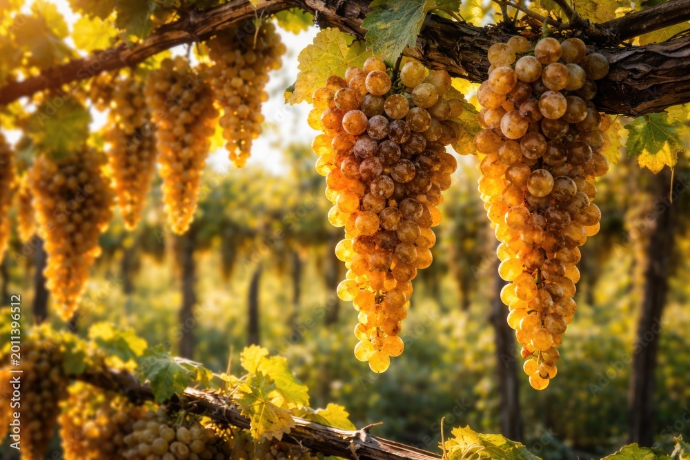 Naklejka premium Lush golden Passito Moscato grapes developing sweetness on grapevine trellises