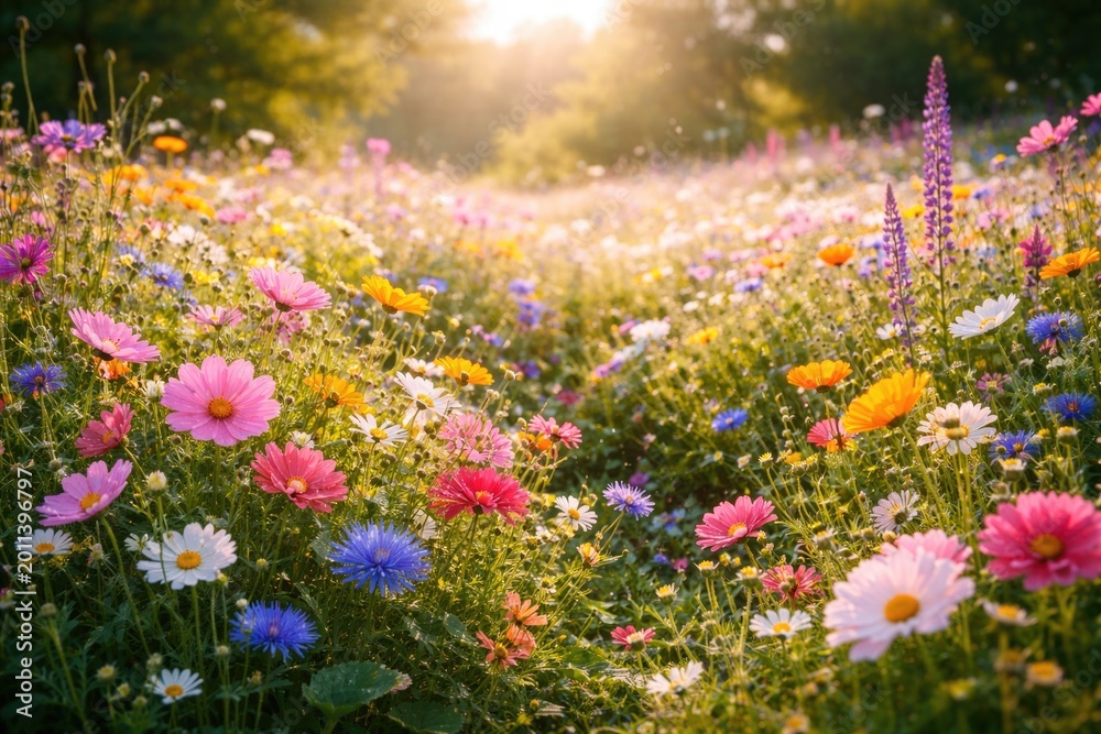 Obraz premium Bright floral field showcasing diverse blossoms and fresh greenery