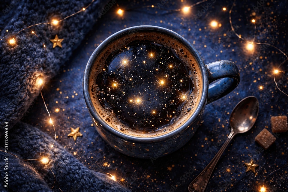 Fototapeta premium Flat overhead shot of coffee in mug with glowing stars against rich blue night scene