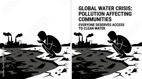 Photos Silhouette of a thirsty child drinking from a polluted river.