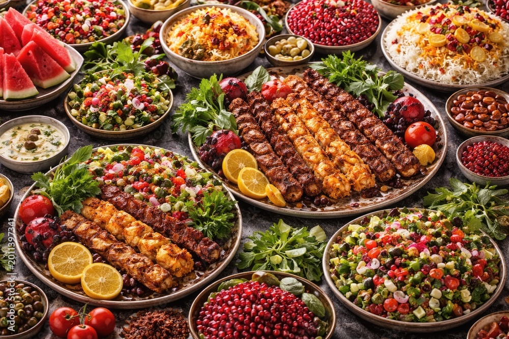 Obraz premium Diverse Persian culinary selection with grilled kababs garden salads fresh herbs rich saffron rice and bright fruit garnishes like pomegranate and watermelon
