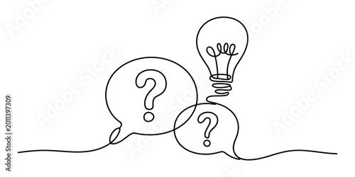 Fotografia Light bulb idea with question marks in speech bubbles, single line drawing Vecto