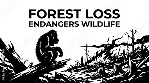 Fotografía Sad gorilla sitting on a log in a destroyed forest landscape.