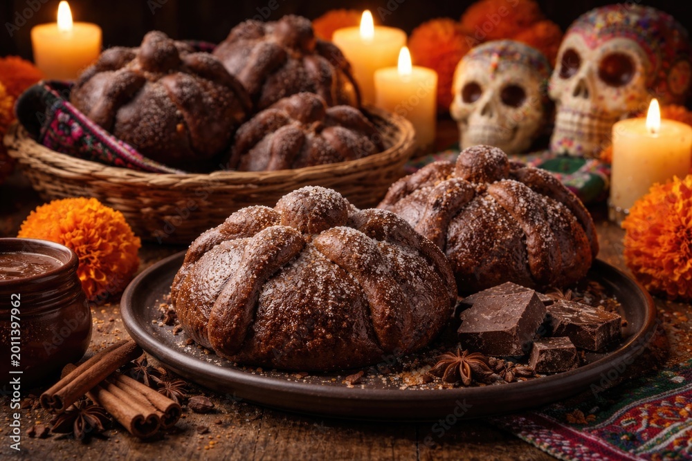 Fototapeta premium Sweet Mexican chocolate bread crafted for honoring departed loved ones