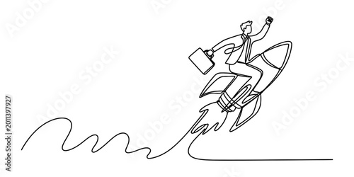 Obraz na płótnie Businessman riding a rocket ship, flying upwards with briefcase, representing su