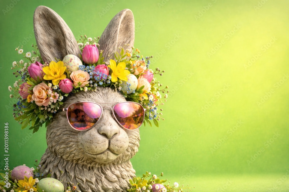Fototapeta premium Sculpted stone Easter bunny head adorned with sunglasses and bright floral display on green background with copy space