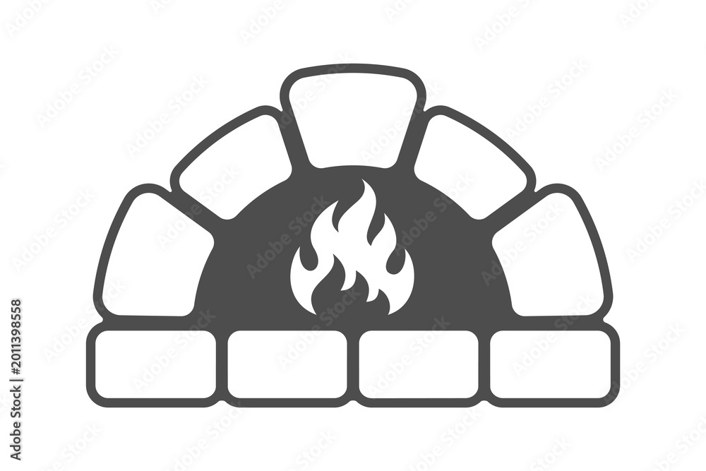 Fototapeta premium Stone furnace graphic icon. Flame in the brick oven isolated sign on white background. Fireplace symbol. Vector illustration