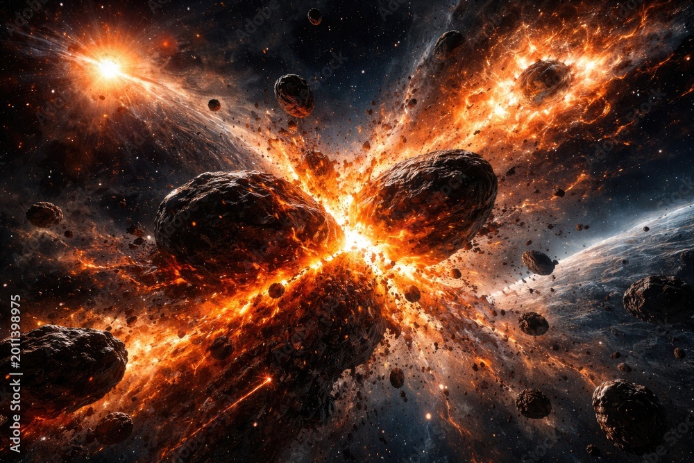 Fototapeta premium dramatic space backdrop of burning stars and asteroid collision