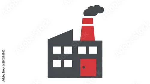 Industrial Factory Building with Red Chimney Emitting Smoke