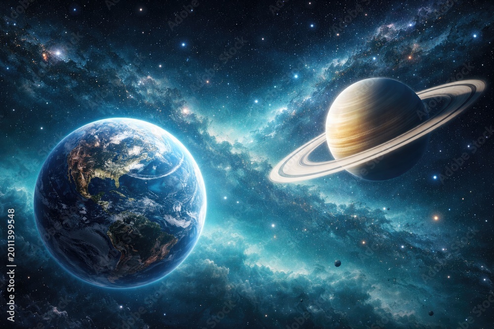Fototapeta premium Modern astrology inspired backdrop with Earth and Saturn planets floating in a tranquil blue turquoise galaxy