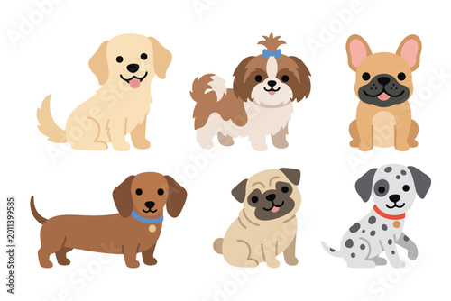 Foto Diverse dog breeds collection set vector, cute puppy characters of pug, dalmatia