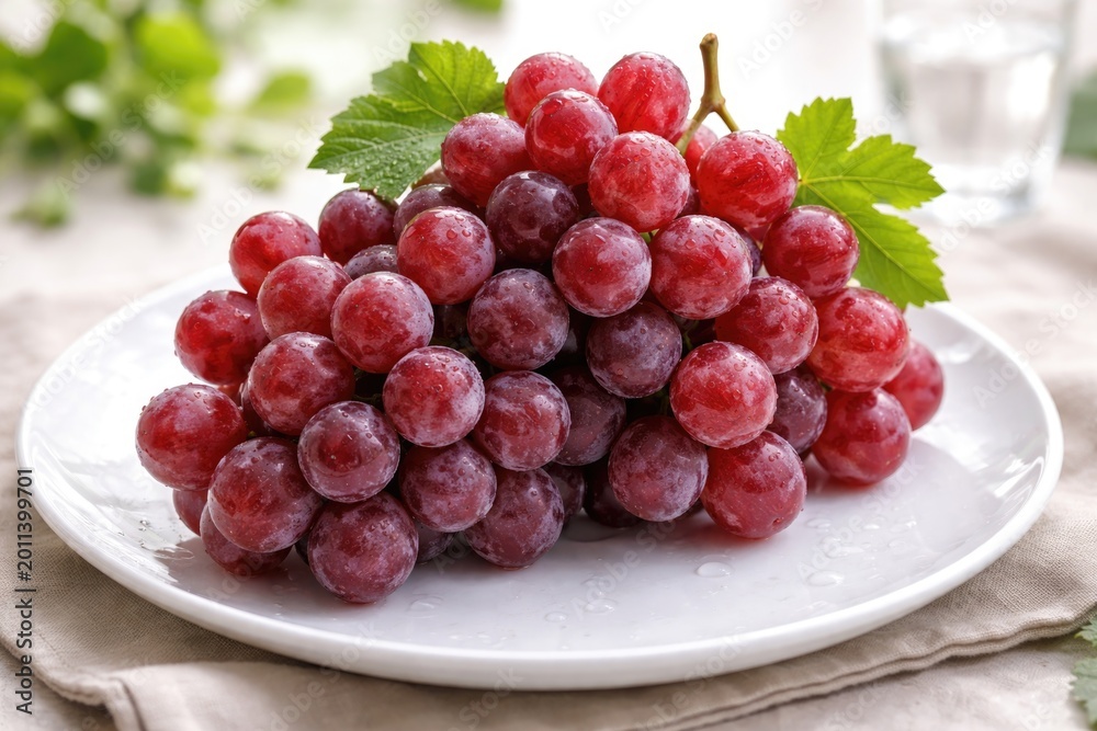 Naklejka premium Vibrant red grapes clustered on a clean porcelain plate