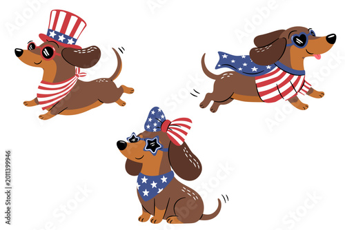 Bild auf Leinwand Cute patriotic dachshund characters wearing American flag outfits sunglasses and