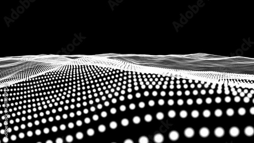 Abstract digital landscape of white dots on black. Dots form waves across the frame. Pattern shifts subtly, creating motion. Ideal for tech, data, or futuristic themes