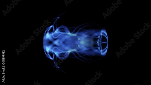 blue energy sphere with smooth flowing light waves on dark background, futuristic glowing. Blue energy pulses through dark space, forming ethereal shapes. Twisting Blue light