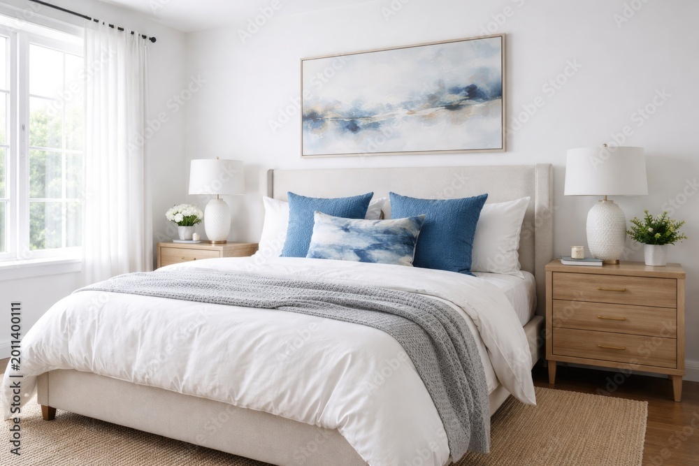 Fototapeta premium Realistic home bedroom scene with stylish bedding and blue pillow accents on a white backdrop