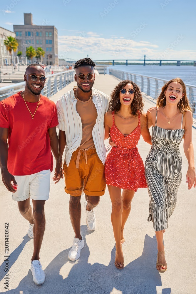 Fototapeta premium Four friends walking along a sunny riverfront boardwalk laughing and enjoying a summer day together