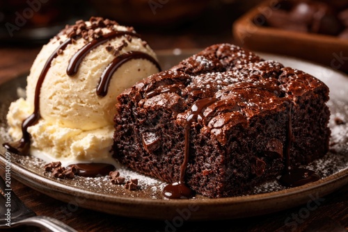 Homemade moist brownie alongside smooth vanilla ice cream delight