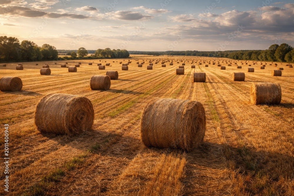 Naklejka premium Expansive meadow showcasing neatly arranged hay bales on flat terrain