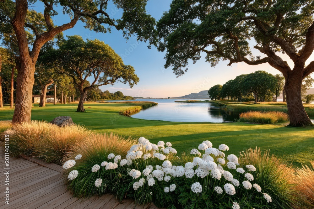 Naklejka premium Serene lakeside golf course with white flowers, oak trees and golden sunset light