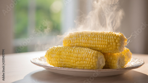 Detailed view of freshly steamed sweet corn cobs on a ceramic plate with visible steam rising, clean kitchen table, soft natural lighting with empty backdrop