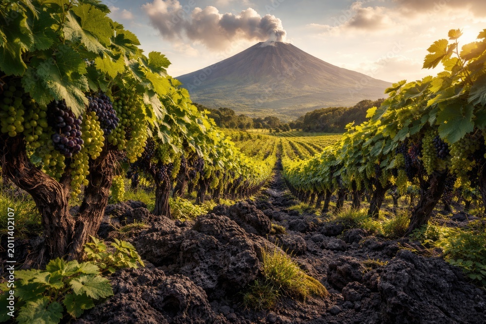 Fototapeta premium Vibrant vineyard scene with dense grape foliage flourishing atop deep volcanic terrain