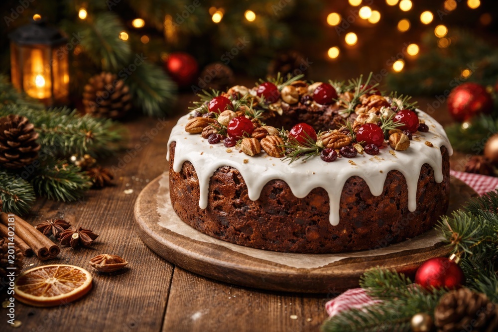 Fototapeta premium Christmas holiday fruitcake adorned with nuts and icing placed on wooden table with festive decor and copy space