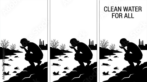 Foto Silhouette of a person drinking water from a polluted river.