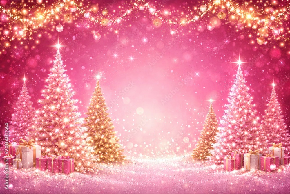 Naklejka premium Bright pink holiday banner featuring elegant Christmas tree silhouettes